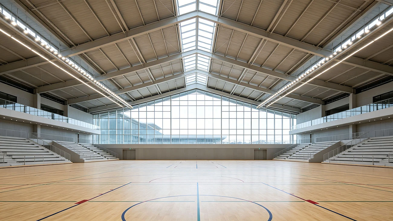 65m large clear-span interior of a steel frame gymnasium - Professional sports arena with zero internal columns 65m large clear-span interior of a steel frame gymnasium - Professional sports arena with zero internal columns